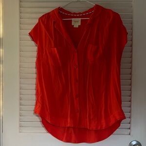 Maeve Bright Orange Red Button-Down Cap-Sleeve Blouse